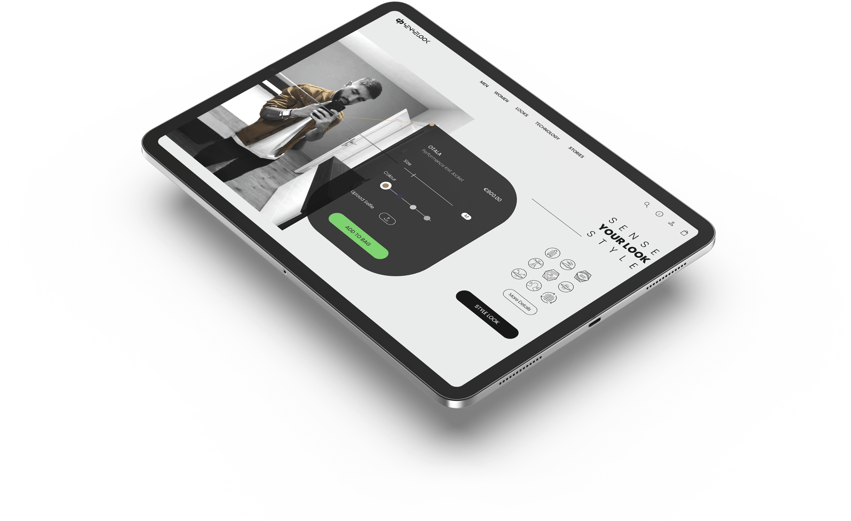 Das zweite Tablet-Mockup der Homepage für einen innovativen Onlineshop. Es zeigt ein innovatives Styling-Tool mit dem man verschiedene Looks virtuell an sich selbst ausprobieren kann.  